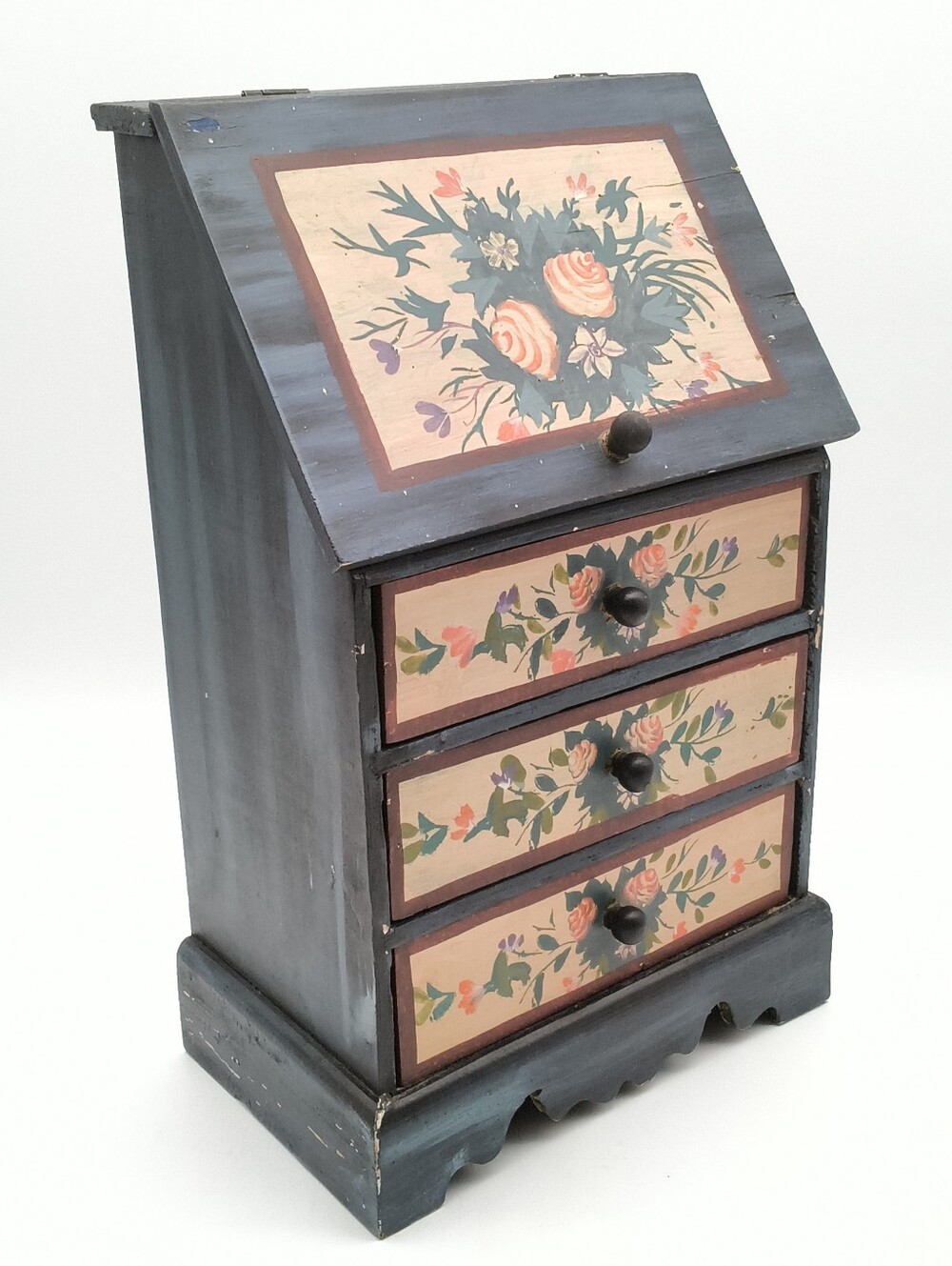 Vintage Hand Painted Floral Wooden Mini Secretary Desk Jewelry Box